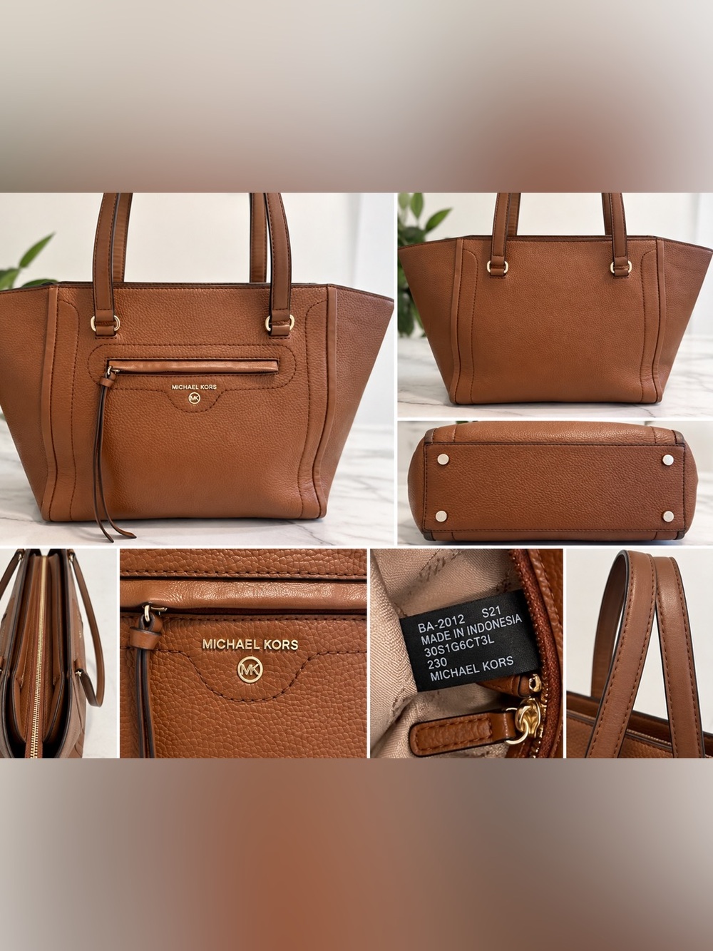 Michael Kors Brown Pebbled Leather Large Tote Shoulder Bag Zip Top